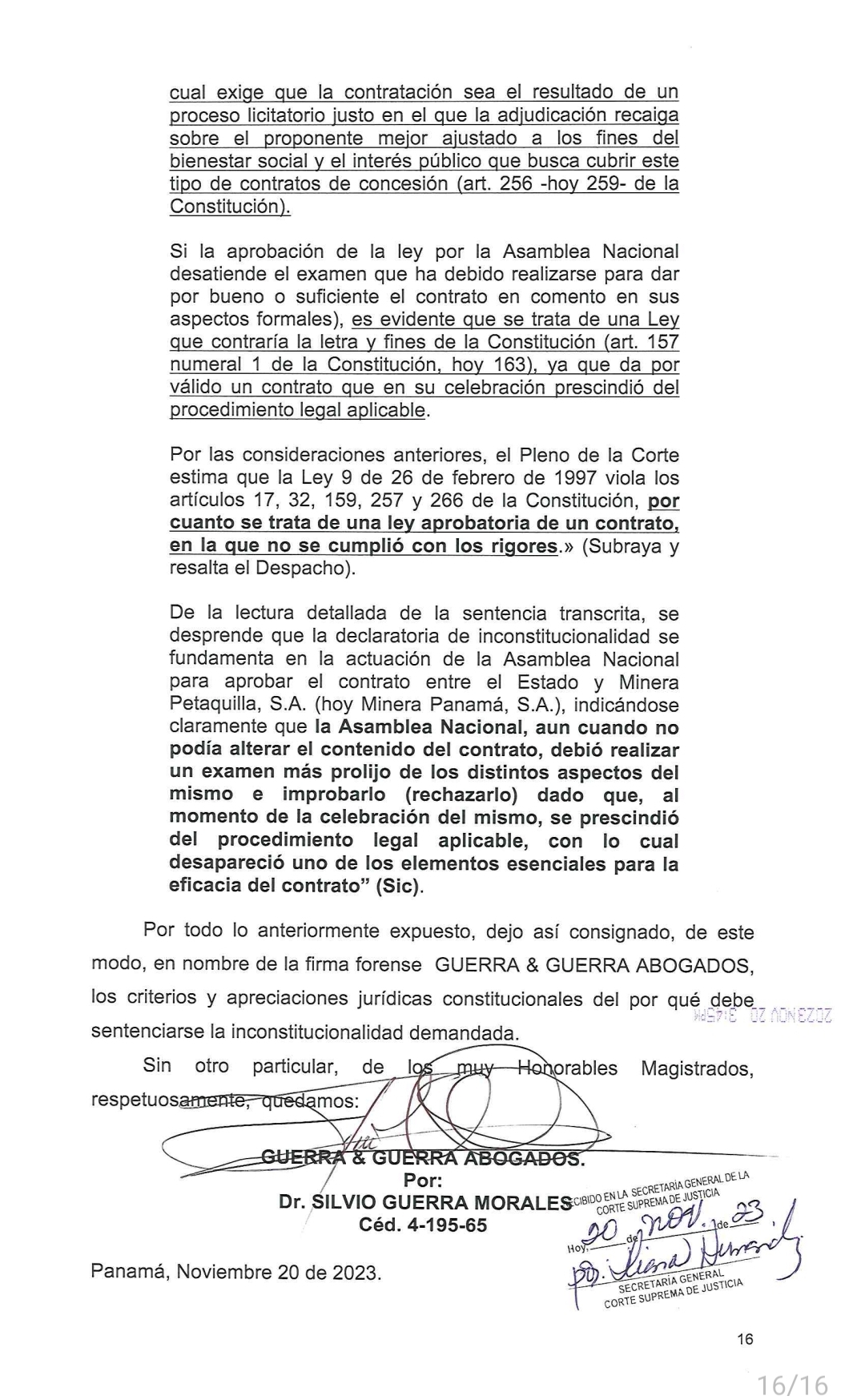 Recibido de los alegatos de inconstitucionalidad